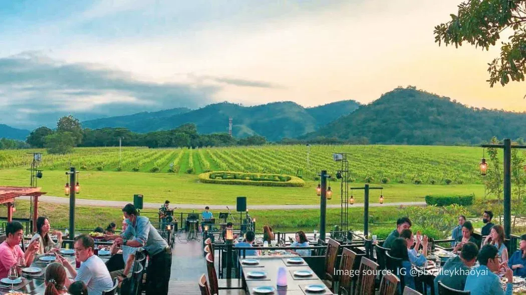 Restoran di PB Valley Vineyard and Winery dengan view kebun anggur