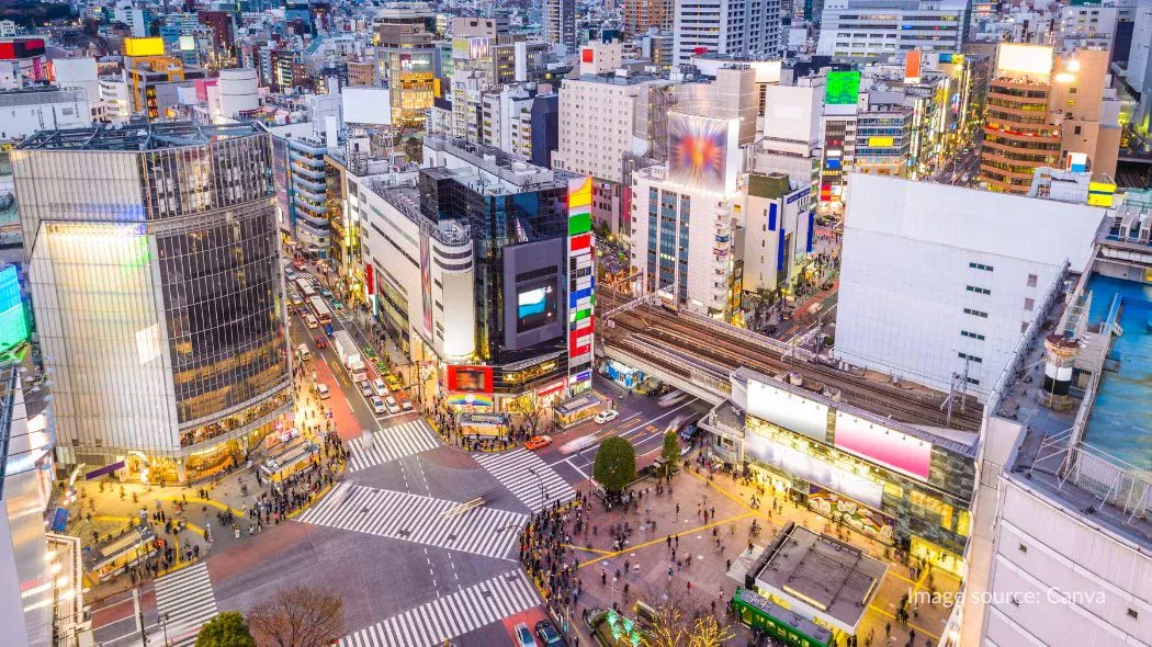 view dari atas persimpangan Shibuya yang ramai