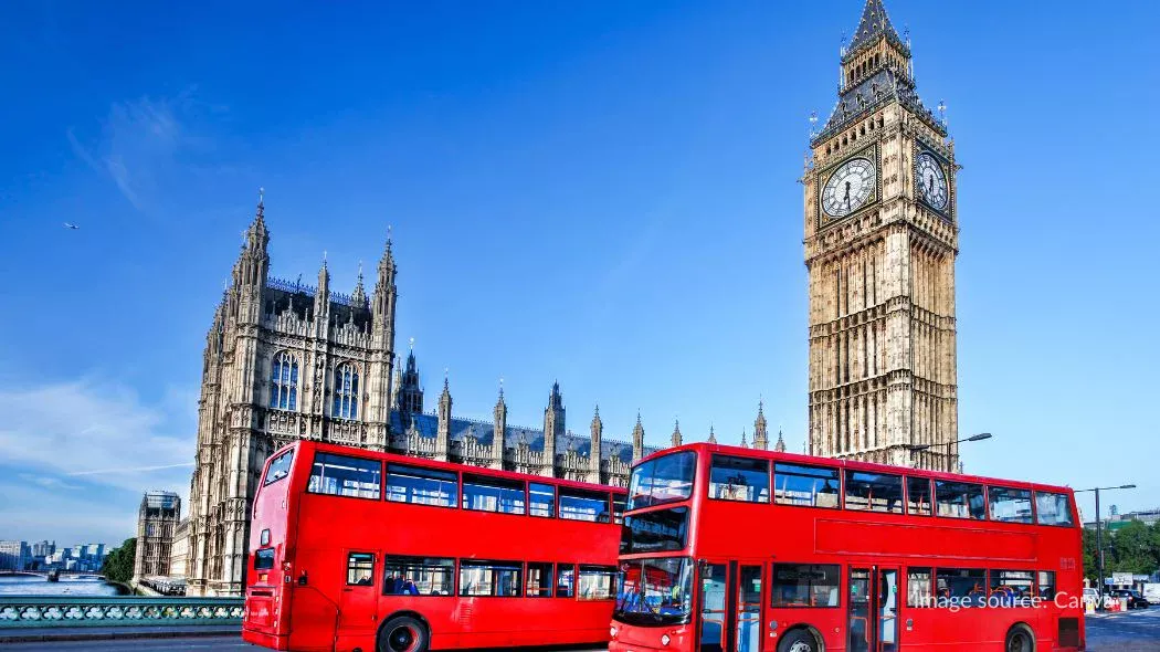 London Transport, bus merah bertingkat di dekat Menara Big Ben